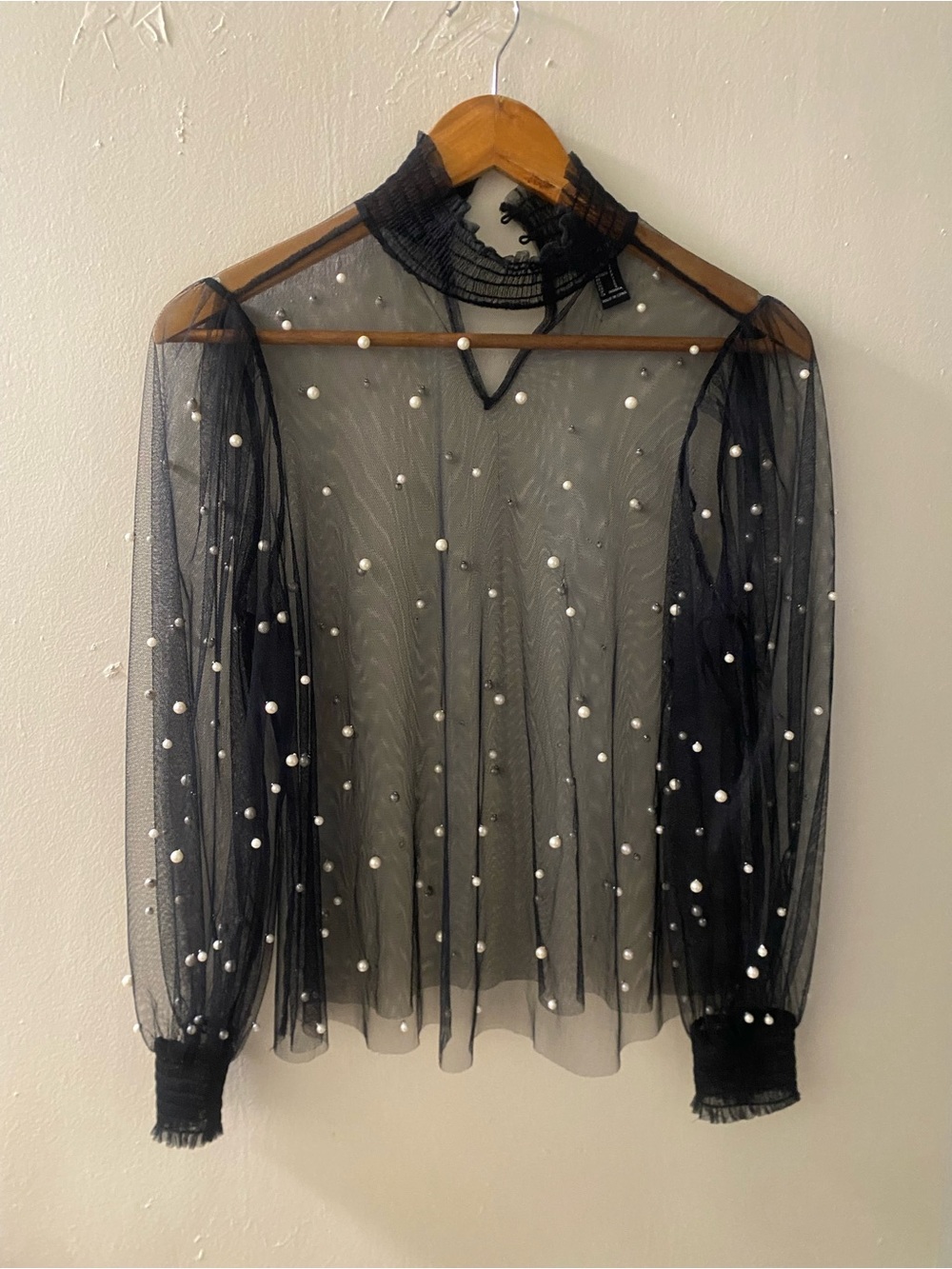 Forever 21 Black Sheer Pearl-Embellished Mock Neck Blouse